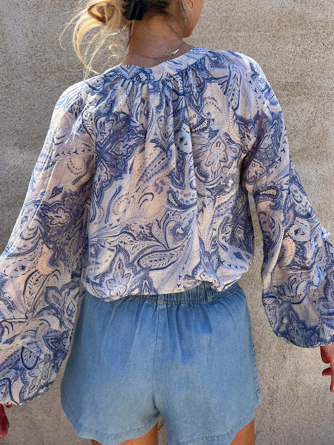 Paisley Pattern Printed Buttoned Long Sleeves Blouses