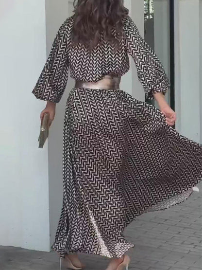 Black Geometric Printed Long Sleeves Maxi Dress