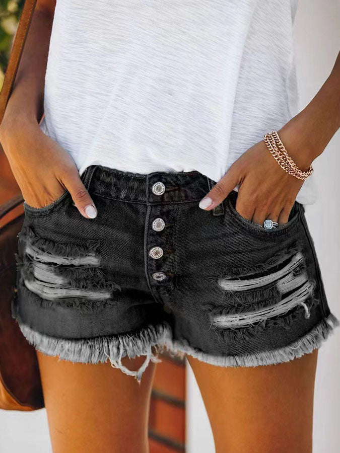 Ripped Pockets Buttoned Denim Shorts