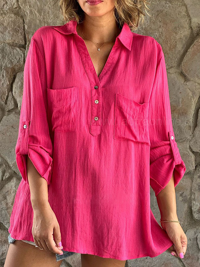 Long Sleeves Buttoned Cotton-linen Blouses