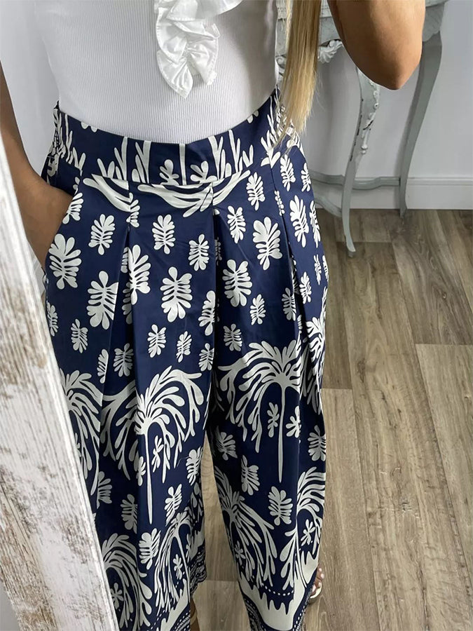 Elastic Waist Printed Wide-leg Pants