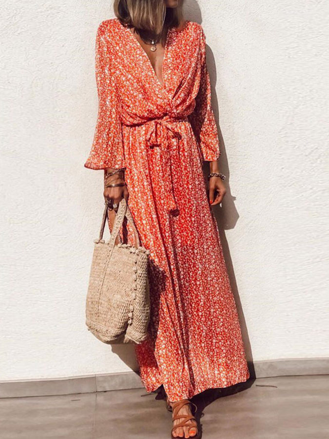 V Neck Long Sleeves Printed Maxi Dress
