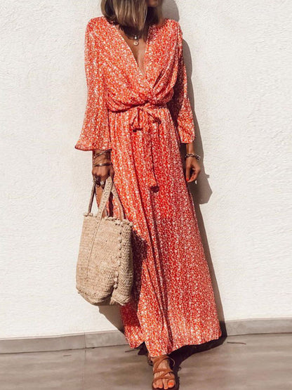 V Neck Long Sleeves Printed Maxi Dress