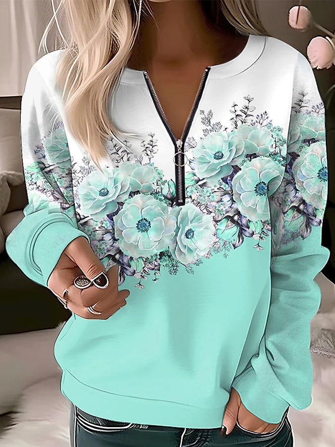 V Neck Zipper Long Sleeves Sweatershirt