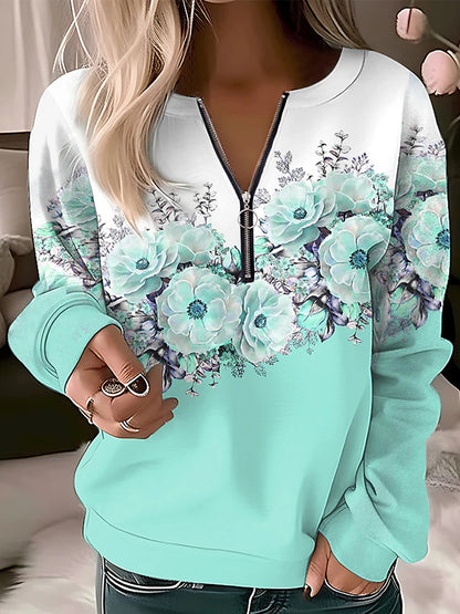V Neck Zipper Long Sleeves Sweatershirt