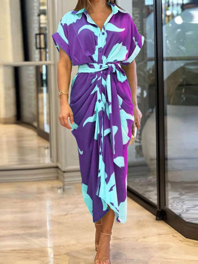 Printed Short Sleeves High Waist Shirt Maxi Dress