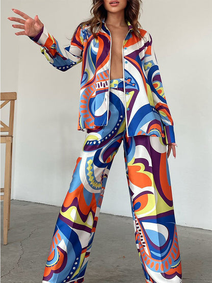 Long Sleeves Printed Shirt and Pants Two Pieces Sets