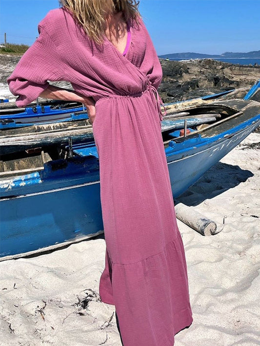V Neck Long Sleeves Loose Maxi Dress
