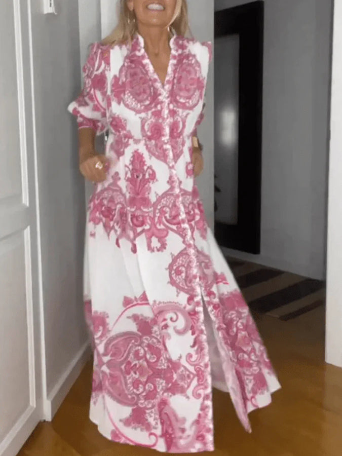Tribal Printed V Neck Long Sleeves Maxi Dress