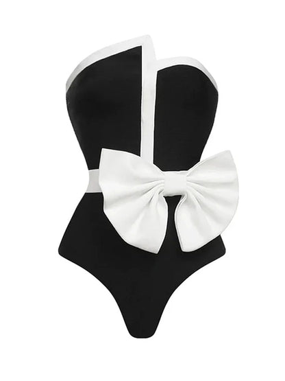 Off Shoulder Bow Tie One Piece Swimsuit and Skirt