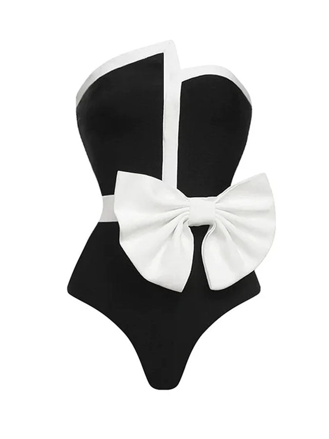 Off Shoulder Bow Tie One Piece Swimsuit and Skirt