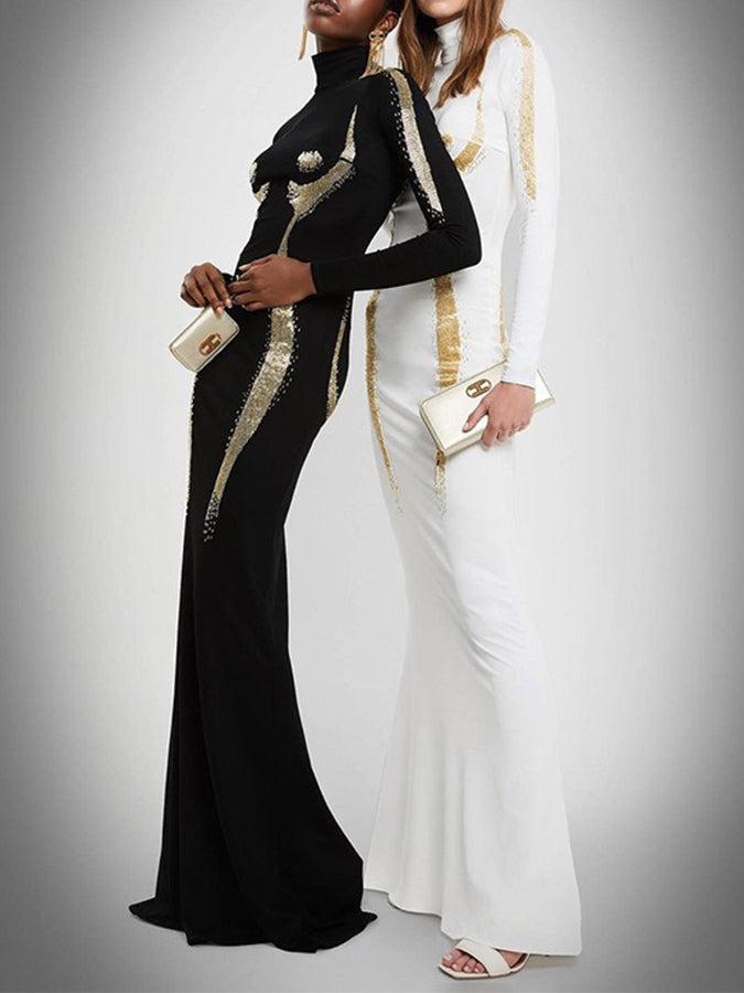 Long Sleeves Printed Slim Maxi Dress