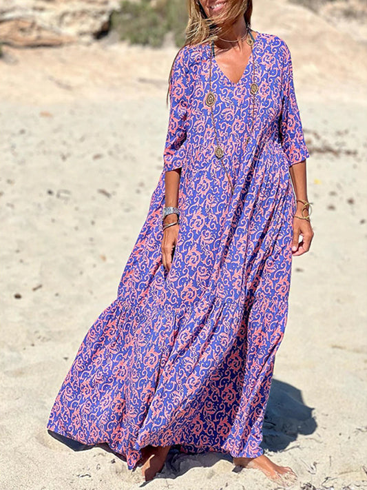 Purple Printed 3/4 Sleeves V Neck Maxi Dress
