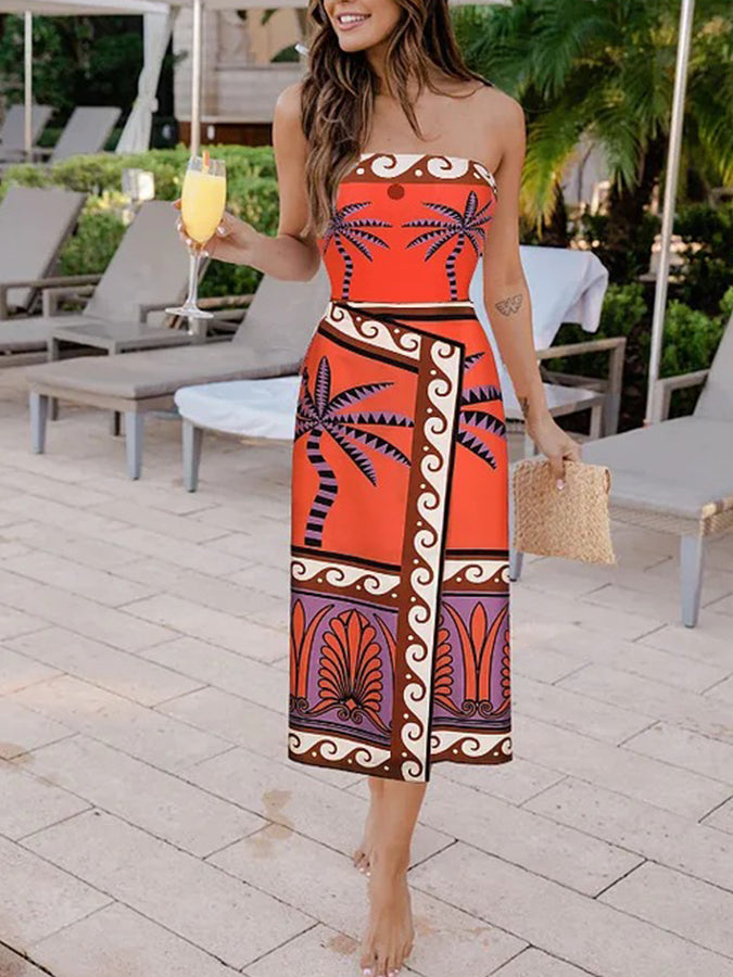 Off Shoulder Printed One Piece Swimsuit and Skirt