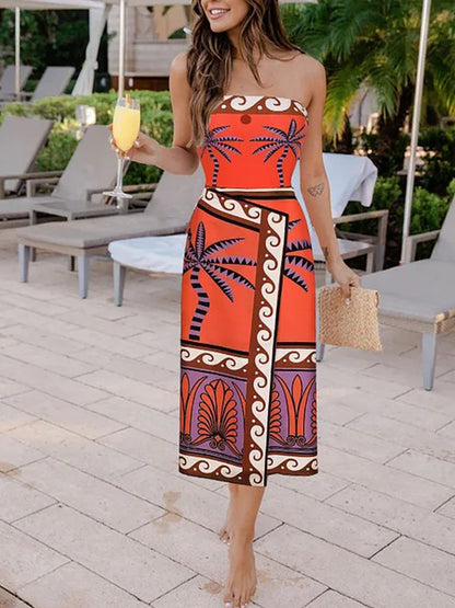Off Shoulder Printed One Piece Swimsuit and Skirt