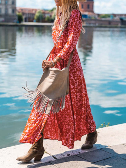 Red Printed Long Sleeves Maxi Dress
