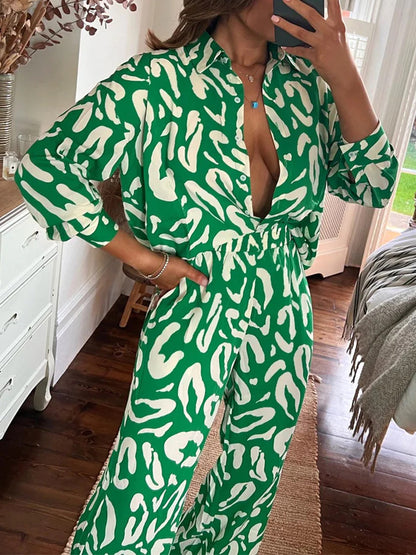 Green Long Sleeves Printed Shirt and Pants Sets