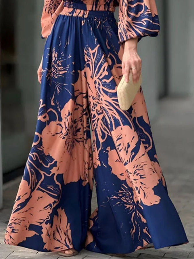 Printed Off Shoulder Shirt and Wide-leg Pants Sets