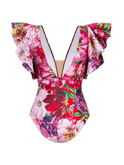 Ruffle V Neck Flower Printed One Piece Swimsuit and Skirt