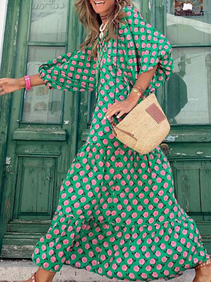 Geometric Print Puff Sleeve Maxi Dress