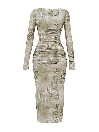 Long Sleeves Round Neck Printed Slim Maxi Dress