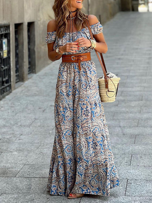 Off Shoulder Printed Holiday Maxi Dress