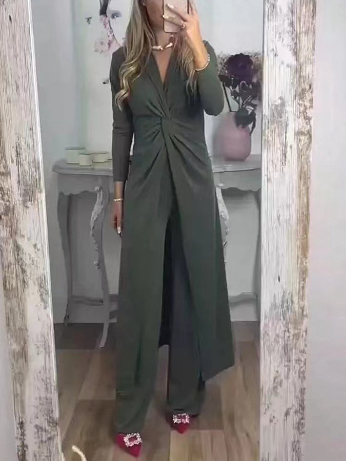 Long Sleeves Knot-bot Top and Pants Sets