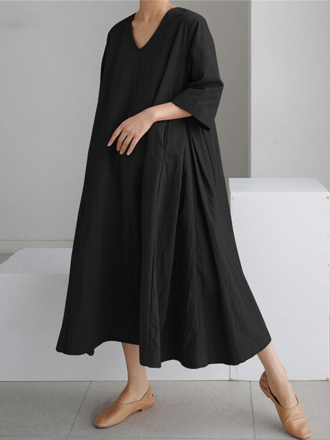 3/4 Sleeves V Neck Loose Cotton-linen Maxi Dress