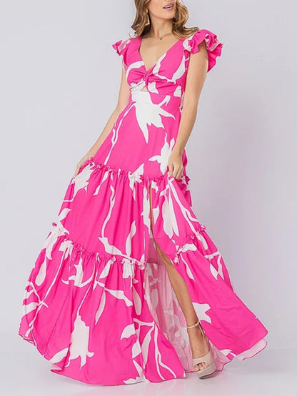 V Neck Ruffle Printed One Piece Swimsuit and Skirt