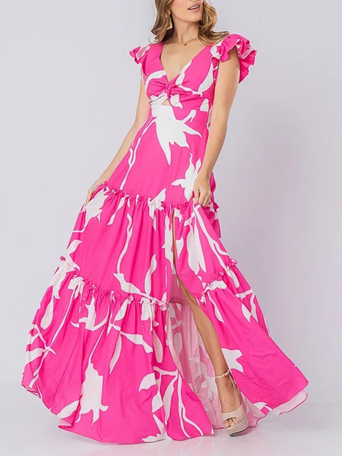 V Neck Ruffle Printed One Piece Swimsuit and Skirt