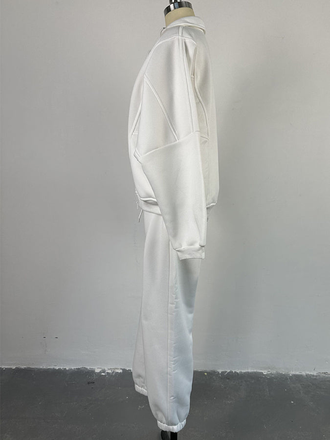 Plush Standing Collar Long Sleeved Sweatshirt and Pants Suit