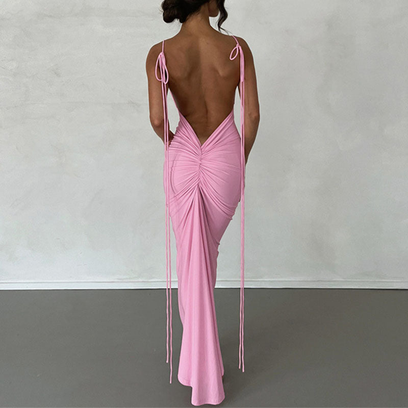 V Neck Lace-up Backless Maxi Dress