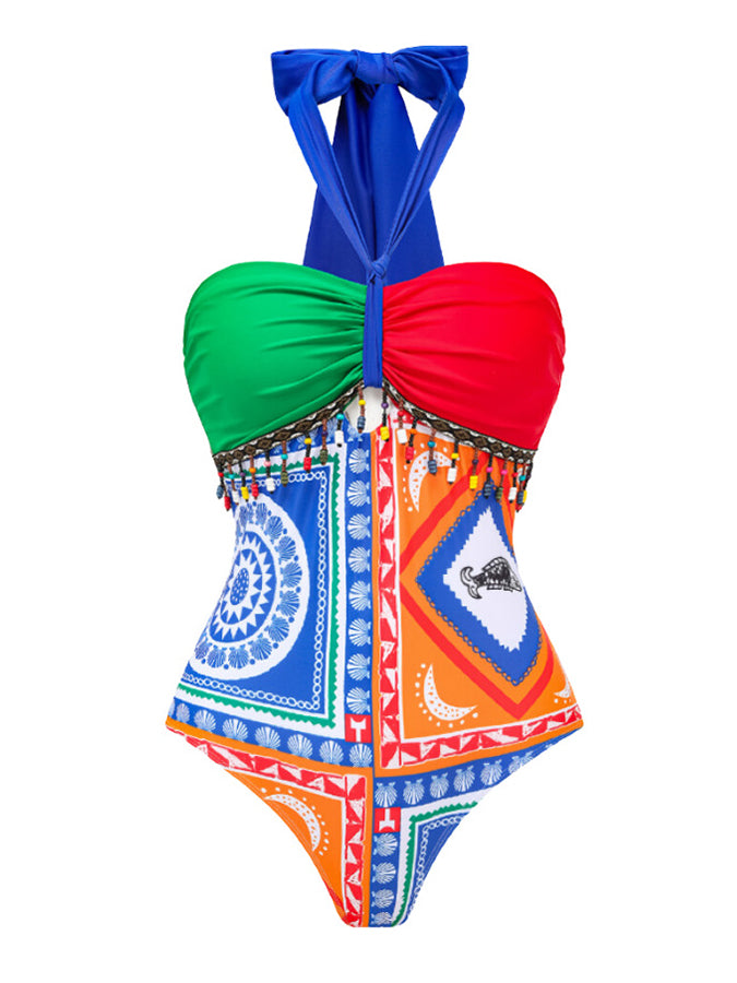 Halter Printed One Piece and Pants Swimwear