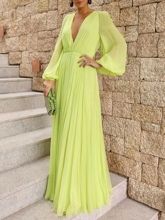 Long Sleeves Balloon Sleeves V Neck Maxi Dress