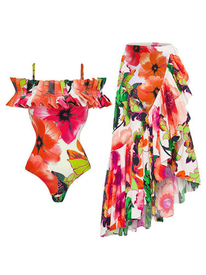 Ruffled Printed One Piece Swimsuit and Skirt