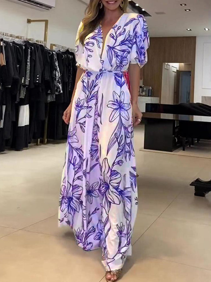 V Neck Printed Maxi Dress