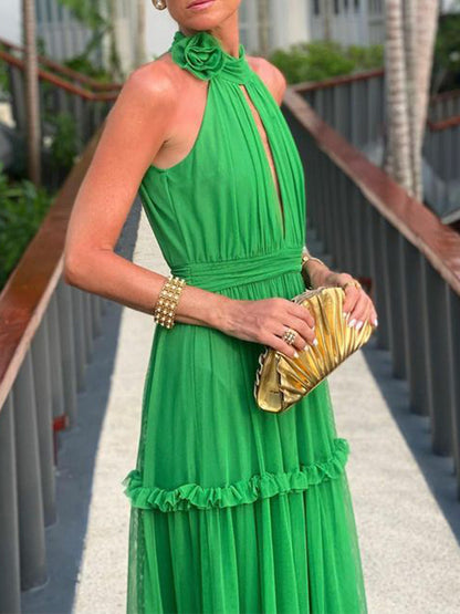 Green 3d Halter Maxi Dress