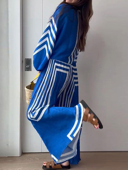 Long Sleeves Striped Blouse& Pleated Wide- Leg Pants Set