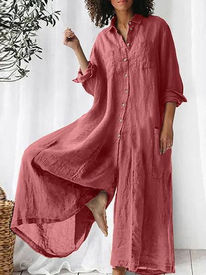 Long Sleeves Wide-leg Pants Shirt Collar Jumpsuit