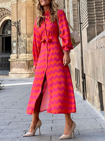Long Sleeves Geometric Printed Lace-up Shirt Collar Maxi Dress