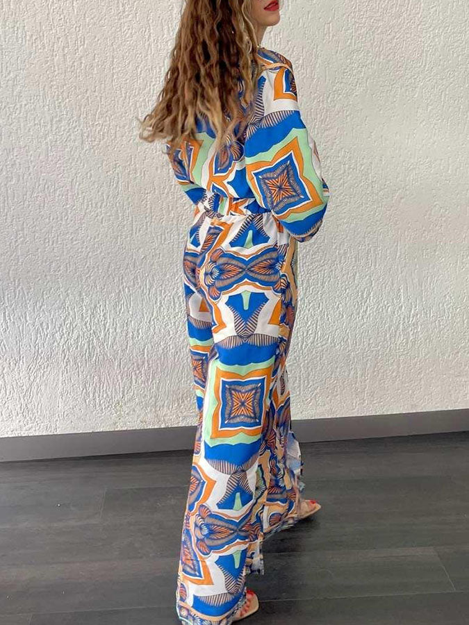 V Neck Long Sleeves Printed Shirt and Wide-leg Pants Sets