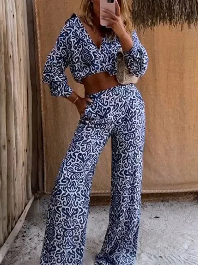 V Neck Print Shirt and Pants Set