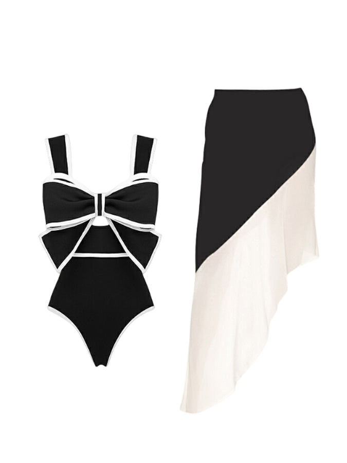 Black and White Bow Decor One Piece Swimsuit and Skirt