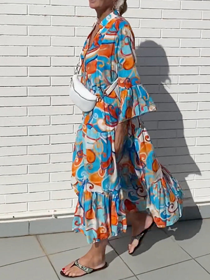Frill Sleeves Abstract Printed Maxi Dress