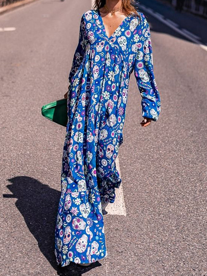 Blue Long Sleeves Printed V Neck Maxi Dress