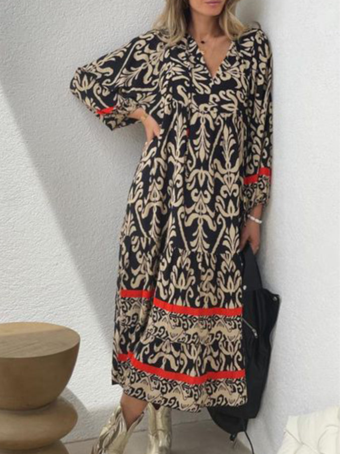 V Neck Long Sleeves Printed Maxi Dress