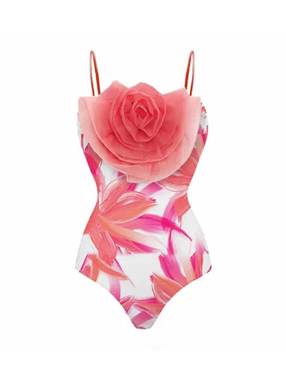 Sling 3d Flower Printed One Piece Swimsuit and Skirt