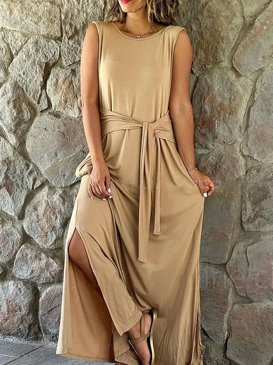 Round Neck Lace-up Slit Maxi Dress