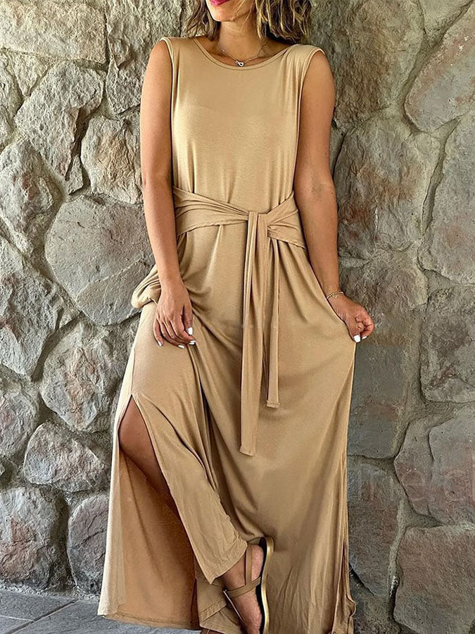 Round Neck Lace-up Slit Maxi Dress