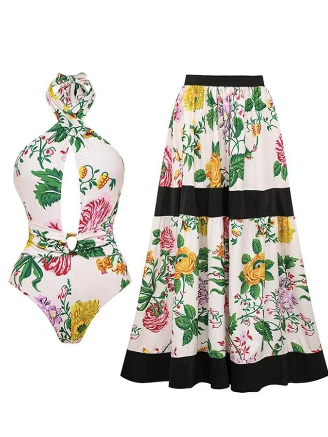 Printed Off Shoulder Color Block One Piece Swimsuit and Skirt